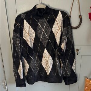 Marled Black and White Argyle Turtleneck Sweater